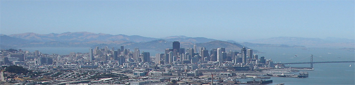 Aerial view of downtown San Francisco and Bay Bridge.